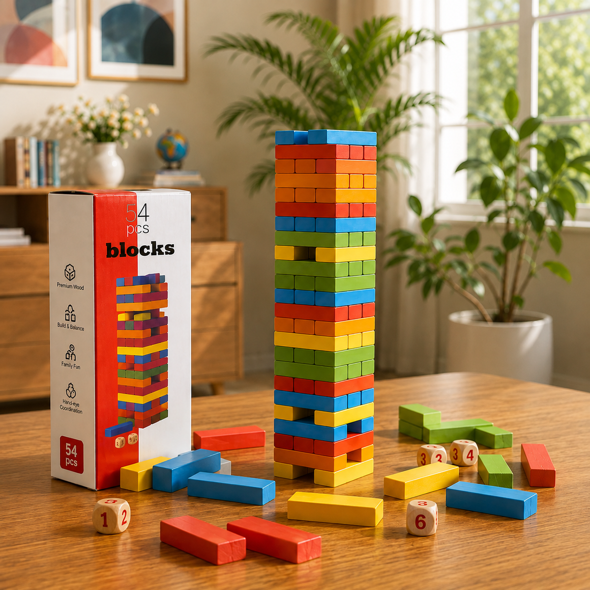 54 Pcs Wooden Block Game – Classic Educational Stacking Toy