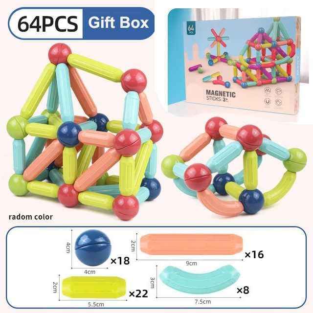 64 Pcs Magnetic Bar Blocks — Colorful Magnetic Sticks and Balls Set