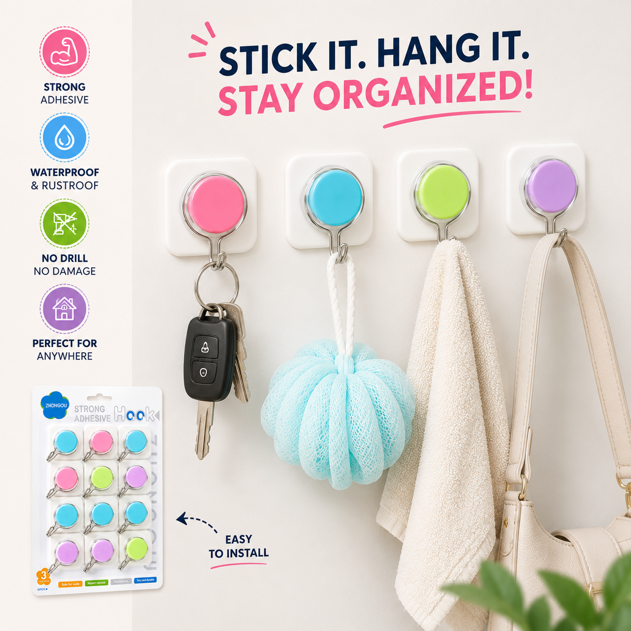 Strong Adhesive Wall Hook 12pcs set Multicolor 2.5 kg Weight - Nexo