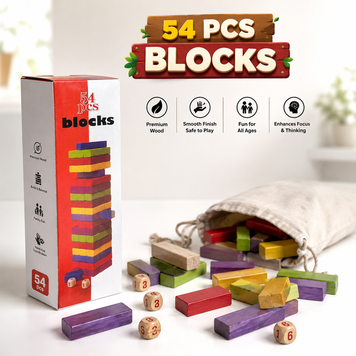 54 Pcs Wooden Block Game – Classic Educational Stacking Toy