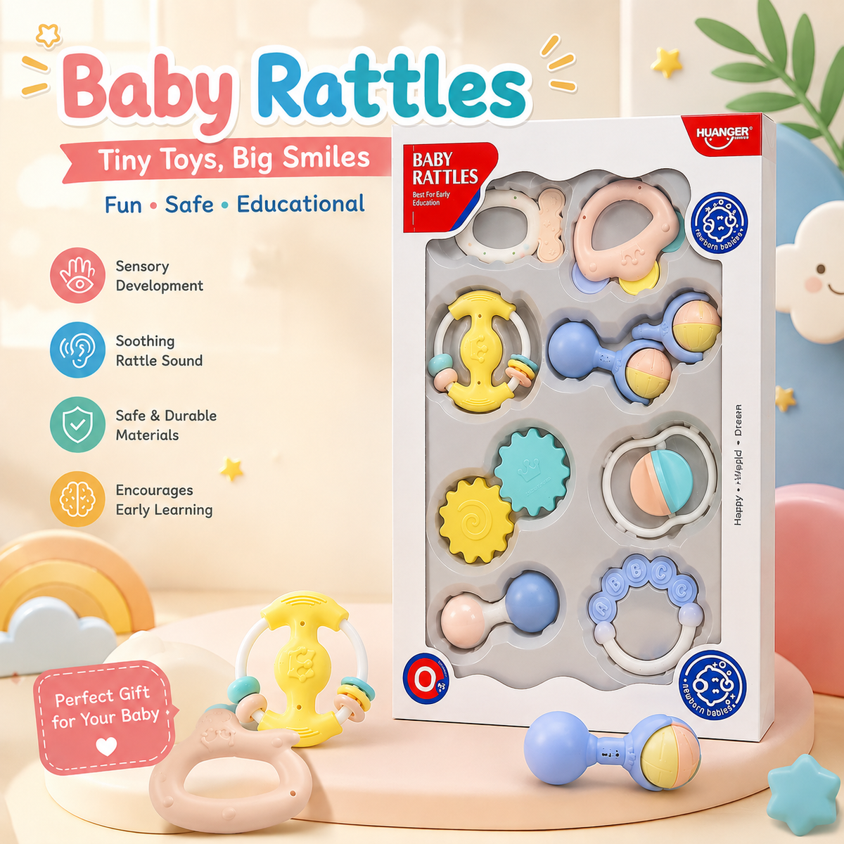 Baby Rattles Gift Set – 8-Piece Sensory Rattle Toy for Newborns (0+)