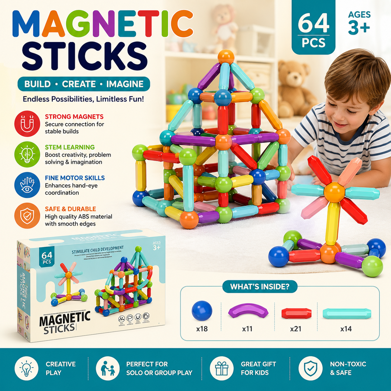 64 Pcs Magnetic Bar Blocks — Colorful Magnetic Sticks and Balls Set - Nexo