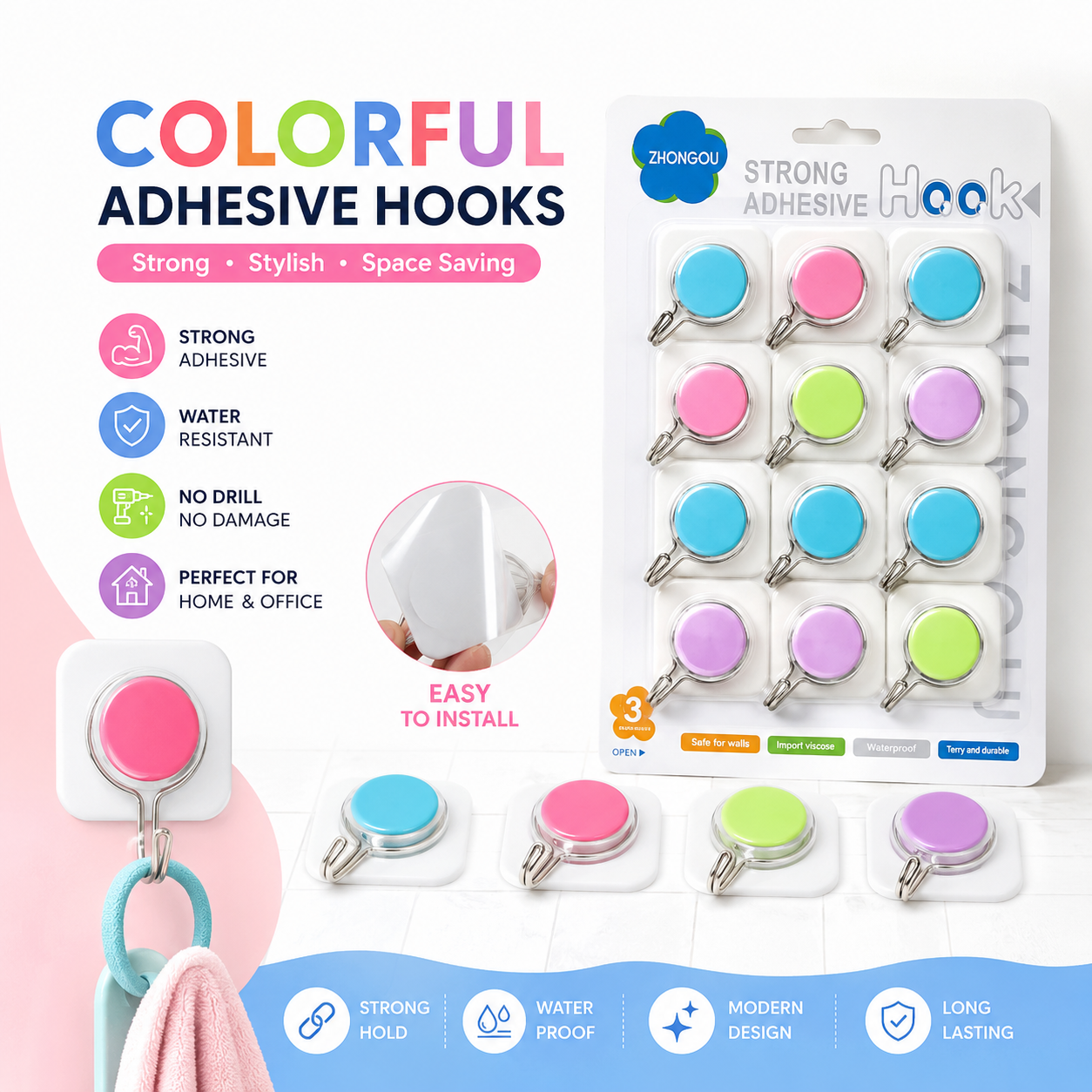 Strong Adhesive Wall Hook 12pcs set Multicolor 2.5 kg Weight - Nexo