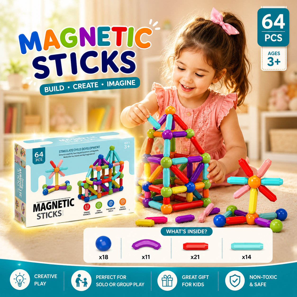 64 Pcs Magnetic Bar Blocks — Colorful Magnetic Sticks and Balls Set - Nexo