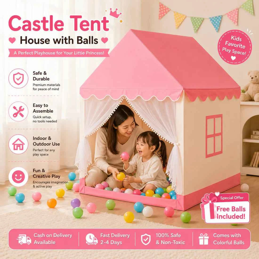 Premium Castle Tent House with 30 Colorful Balls – for Boys & Girls