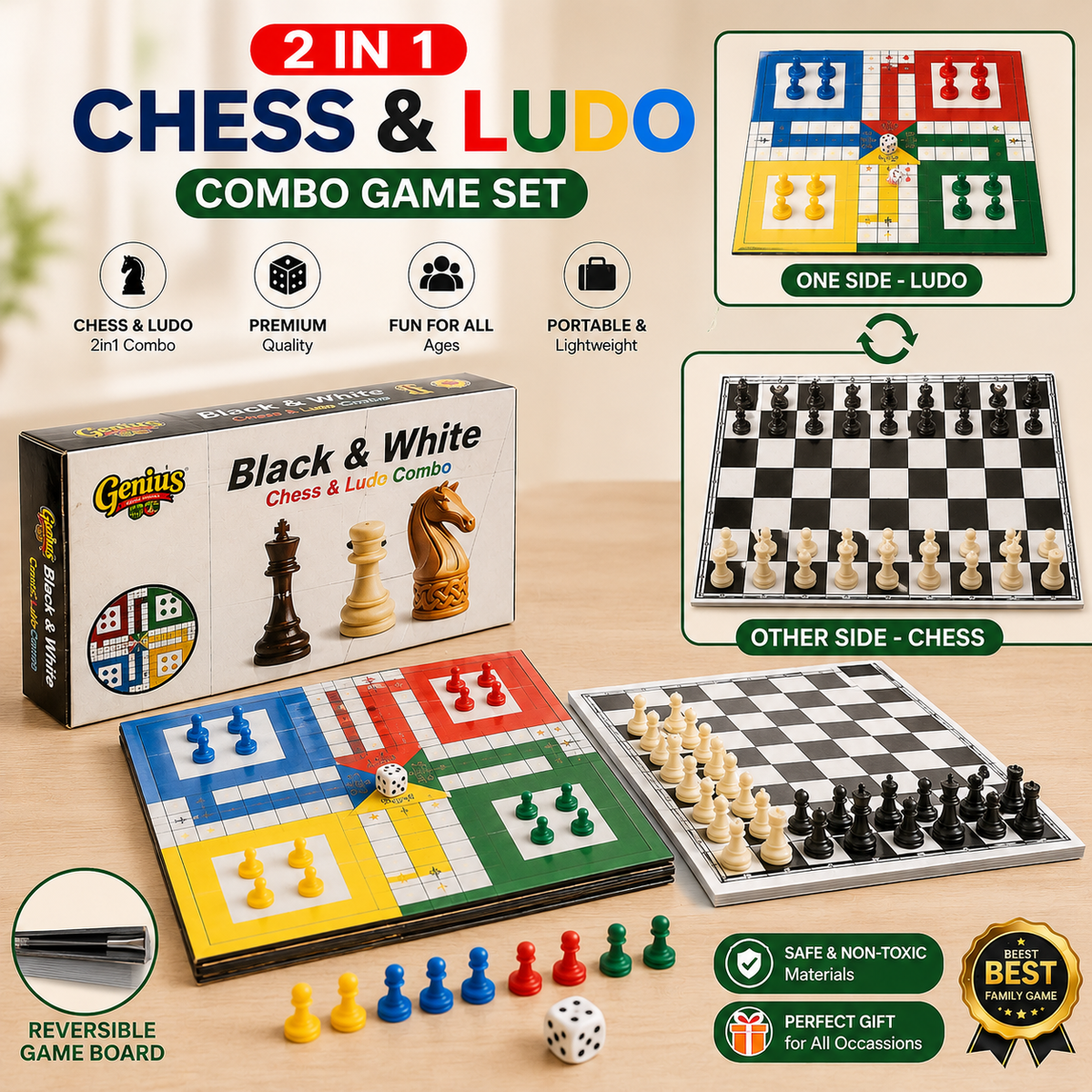 Black & White Chess and Ludo Combo Board Game