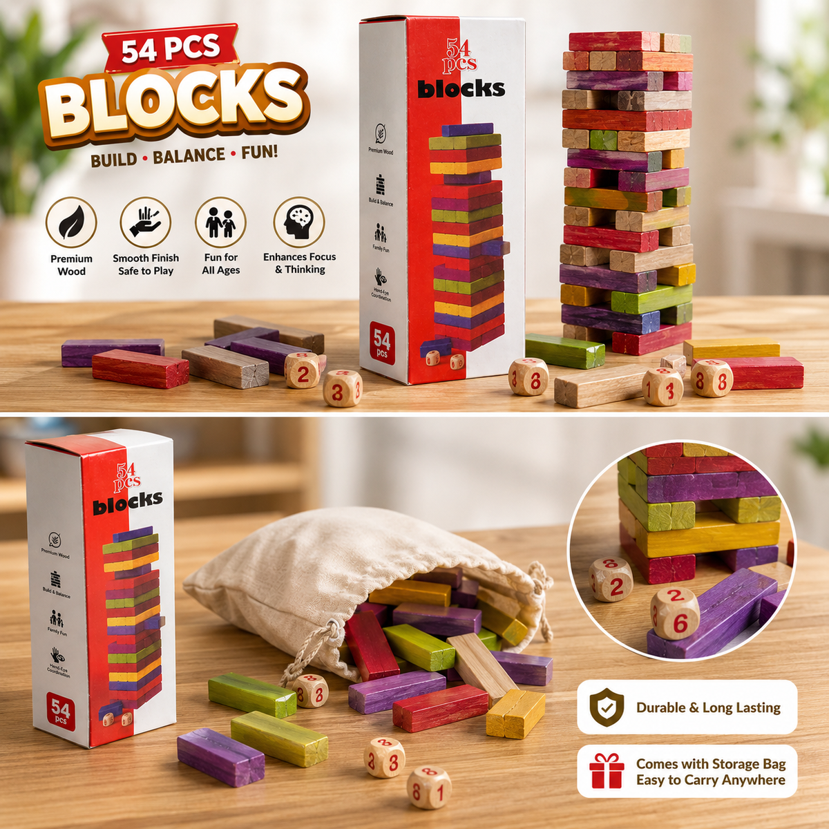 54 Pcs Wooden Block Game – Classic Educational Stacking Toy