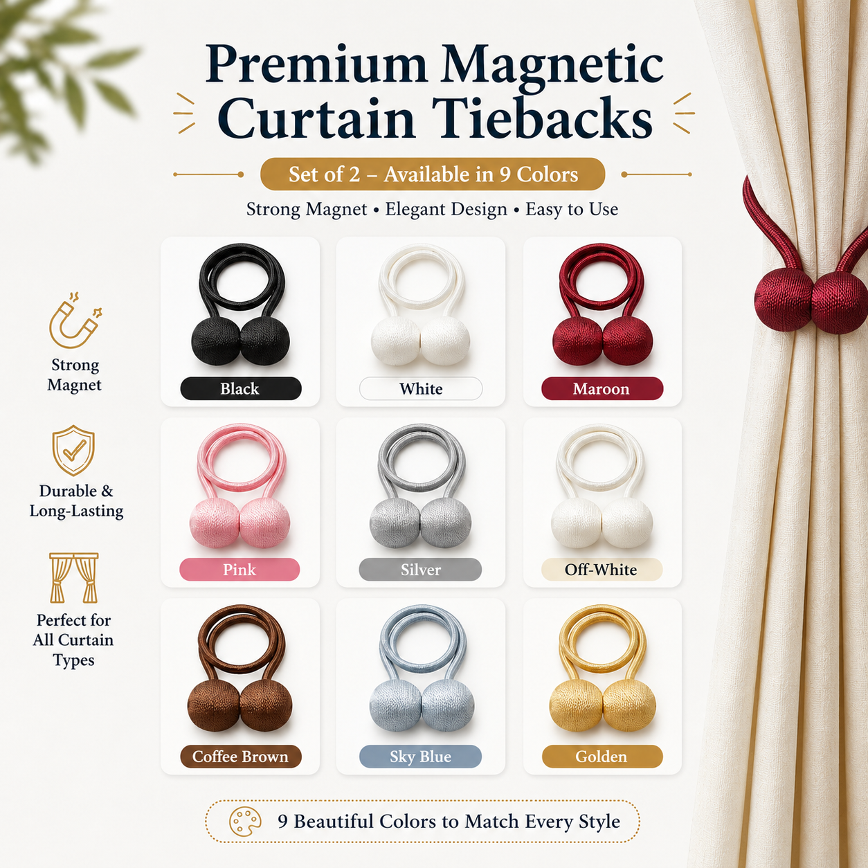 Premium Magnetic Curtain Tiebacks – Set of 2 pieces - Nexo