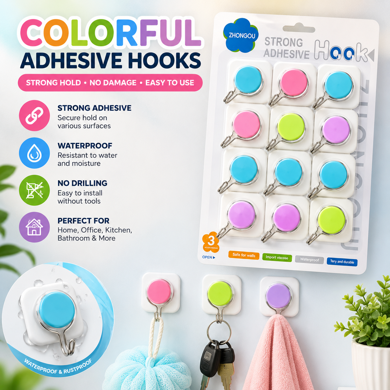 Strong Adhesive Wall Hook 12pcs set Multicolor 2.5 kg Weight - Nexo