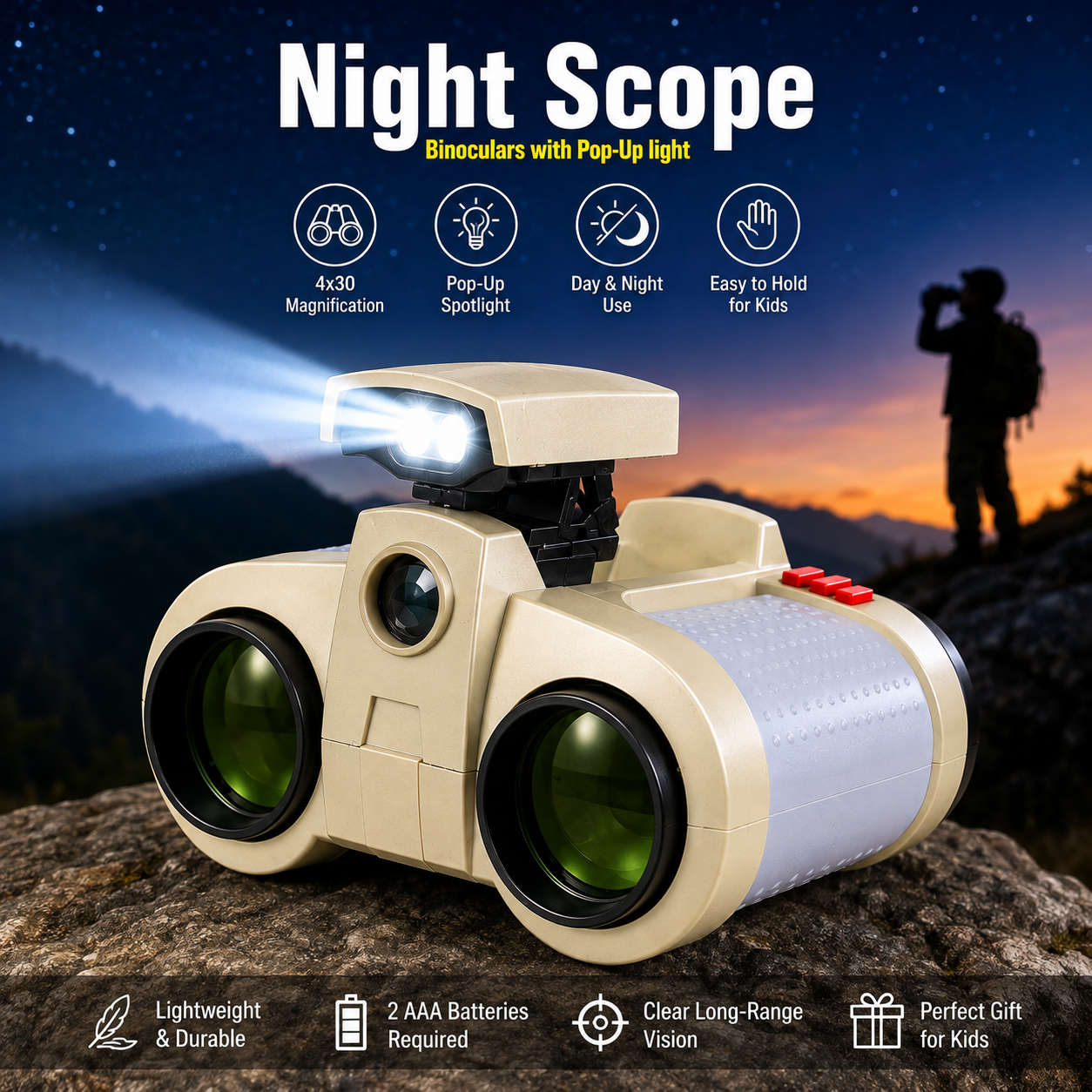 Night Scope Binoculars with Pop-Up Light | 4×30 HD | Kids Adventure Toy