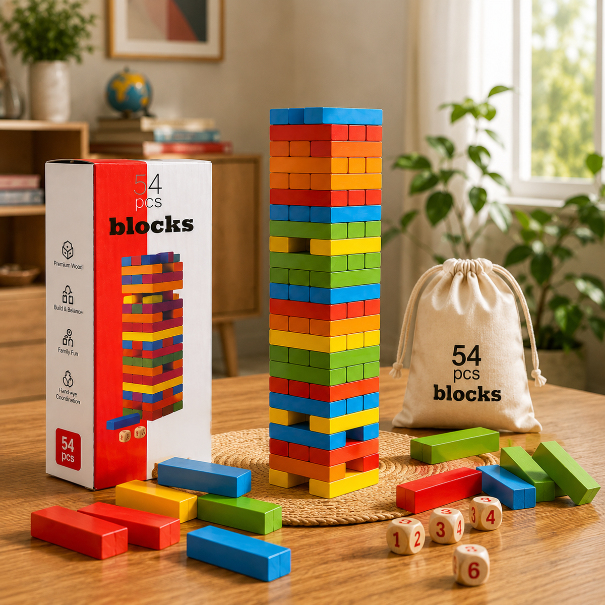 54 Pcs Wooden Block Game – Classic Educational Stacking Toy