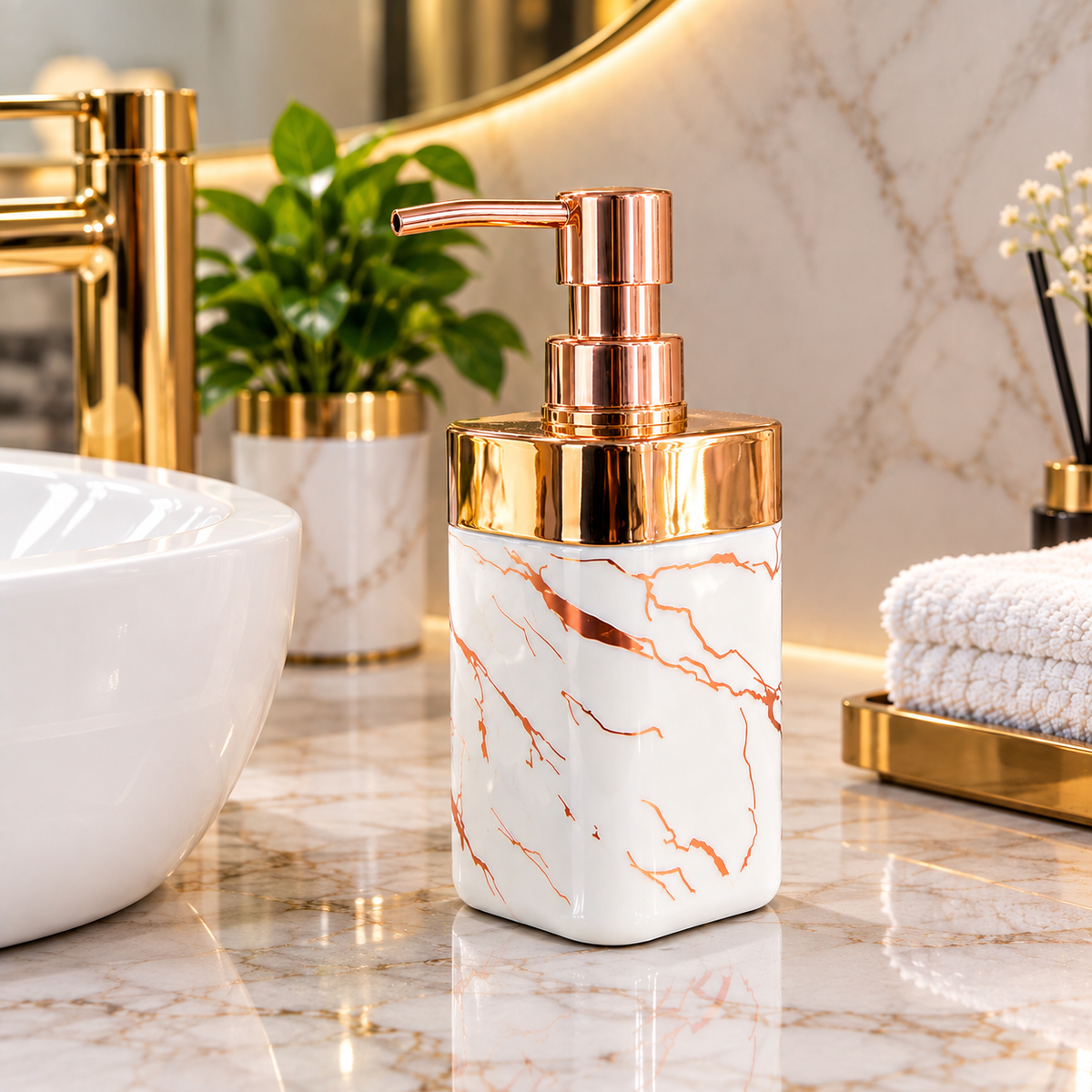 MarbleLux Golden Soap Dispenser – Premium Marble Finish