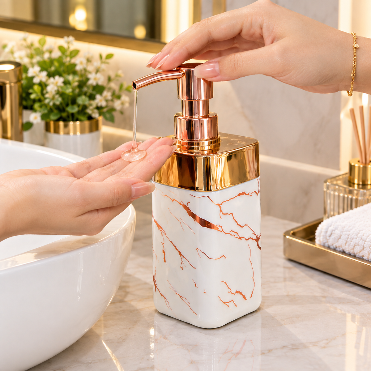 MarbleLux Golden Soap Dispenser – Premium Marble Finish