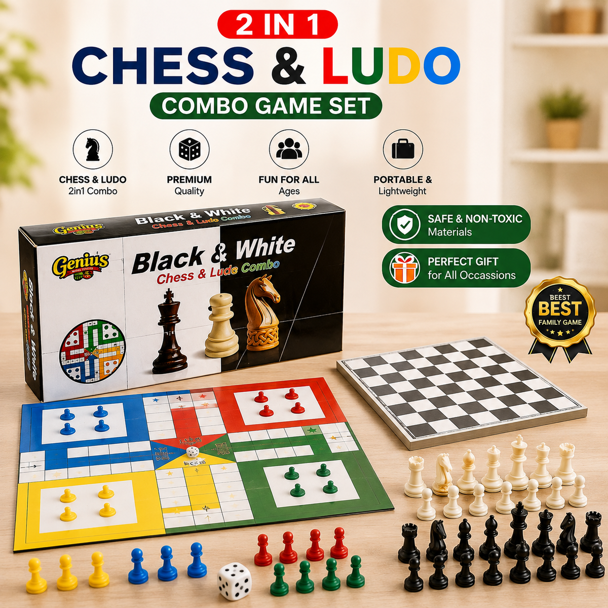 Black & White Chess and Ludo Combo Board Game