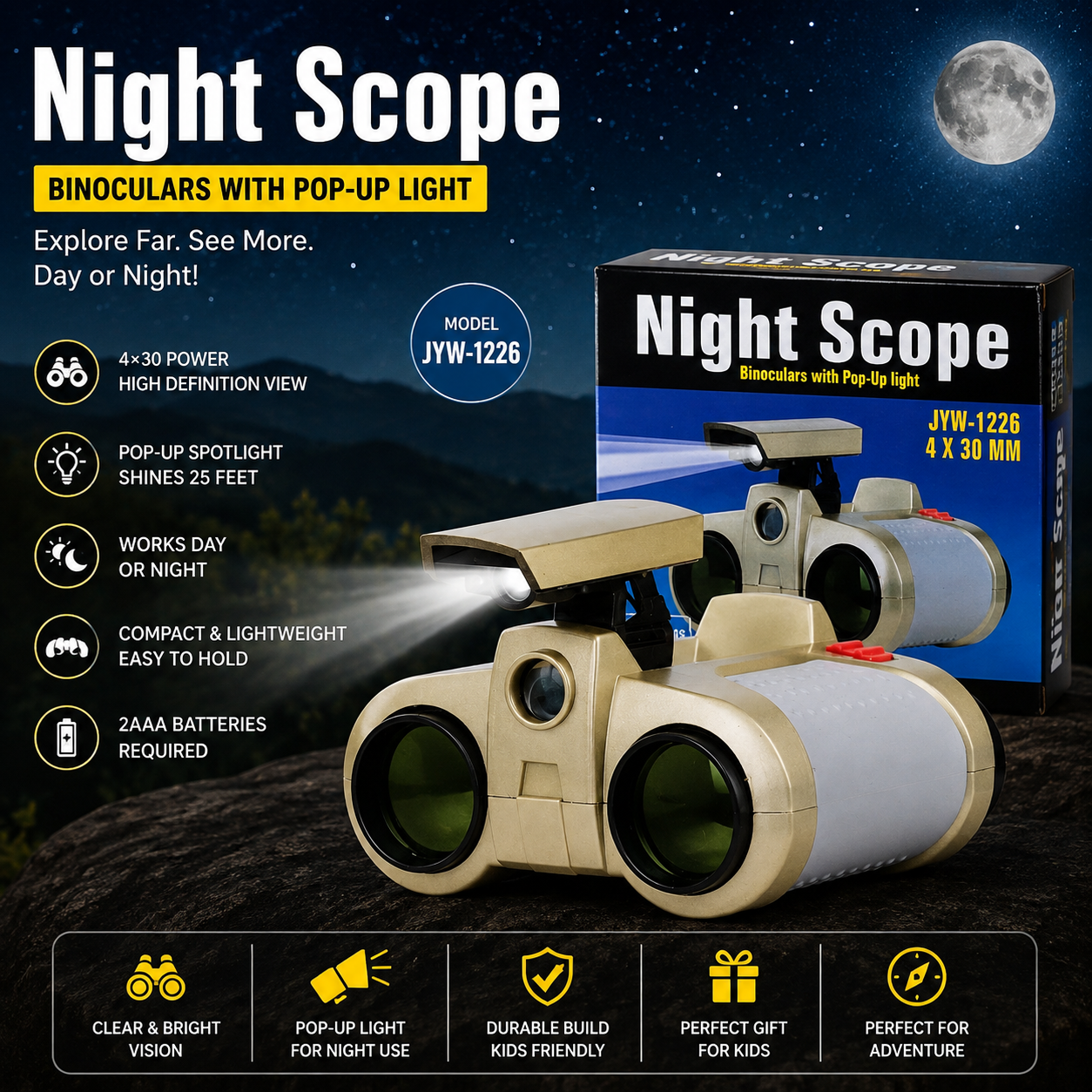 Night Scope Binoculars with Pop-Up Light | 4×30 HD | Kids Adventure Toy